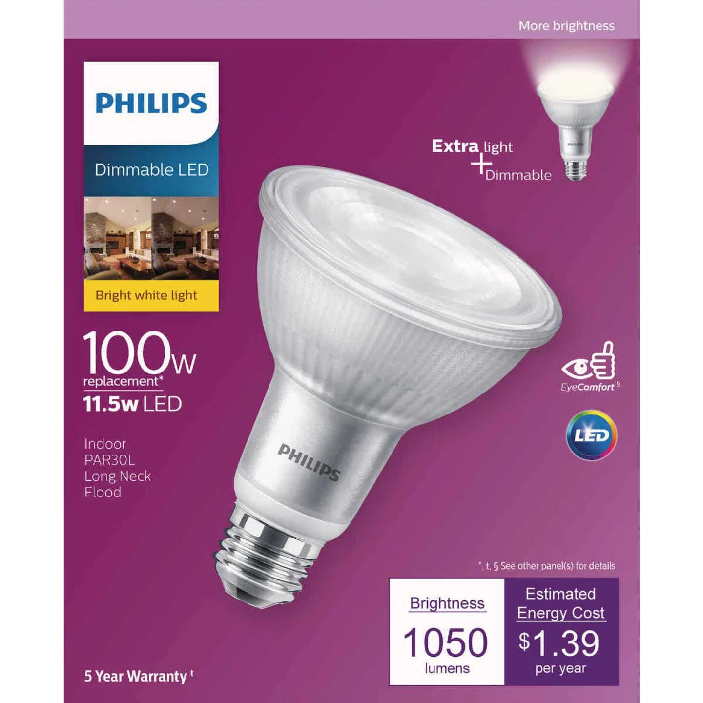 Philips 100W Equivalent Bright White PAR30L Medium Bright White Dimmable LED Floodlight Bulb 5 Philips 100W Equivalent Bright White PAR30L Medium Bright White Dimmable LED Floodlight Bulb - Image 3