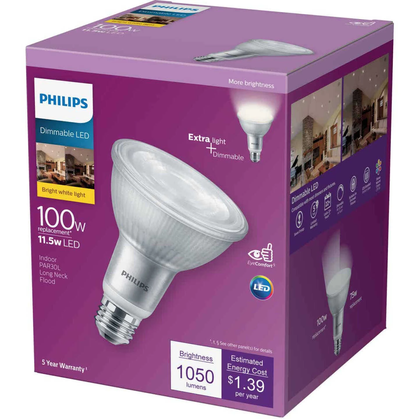 Philips 100W Equivalent Bright White PAR30L Medium Bright White Dimmable LED Floodlight Bulb 4 Philips 100W Equivalent Bright White PAR30L Medium Bright White Dimmable LED Floodlight Bulb - Image 2