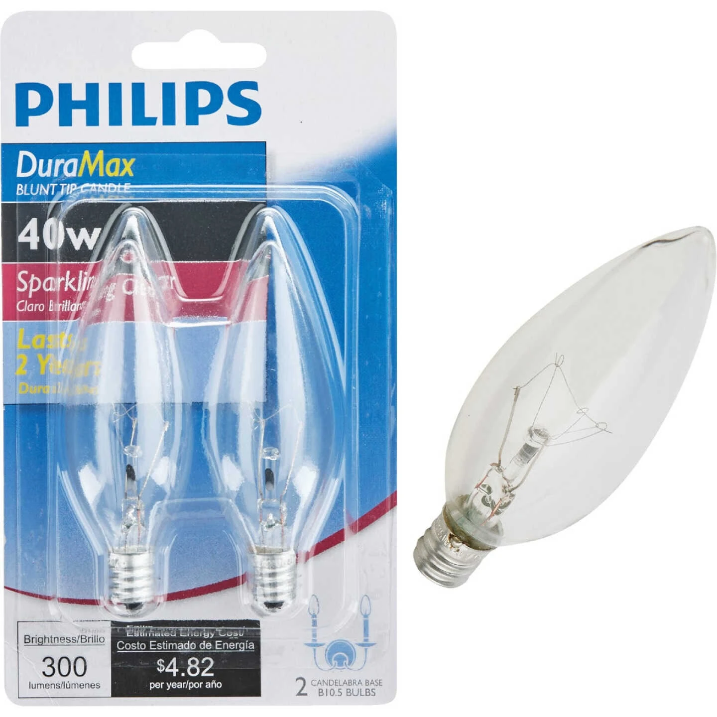 Philips DuraMax 40W Clear Candelabra Base B10.5 Incandescent Blunt Tip Light Bulb (2-Pack) 3 Philips DuraMax 40W Clear Candelabra Base B10.5 Incandescent Blunt Tip Light Bulb (2-Pack)