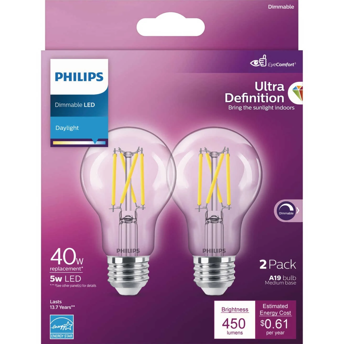 Philips Ultra Definition 40W Equivalent Daylight A19 Medium LED Light Bulb, Clear (2-Pack) 4 Philips Ultra Definition 40W Equivalent Daylight A19 Medium LED Light Bulb, Clear (2-Pack) - Image 2