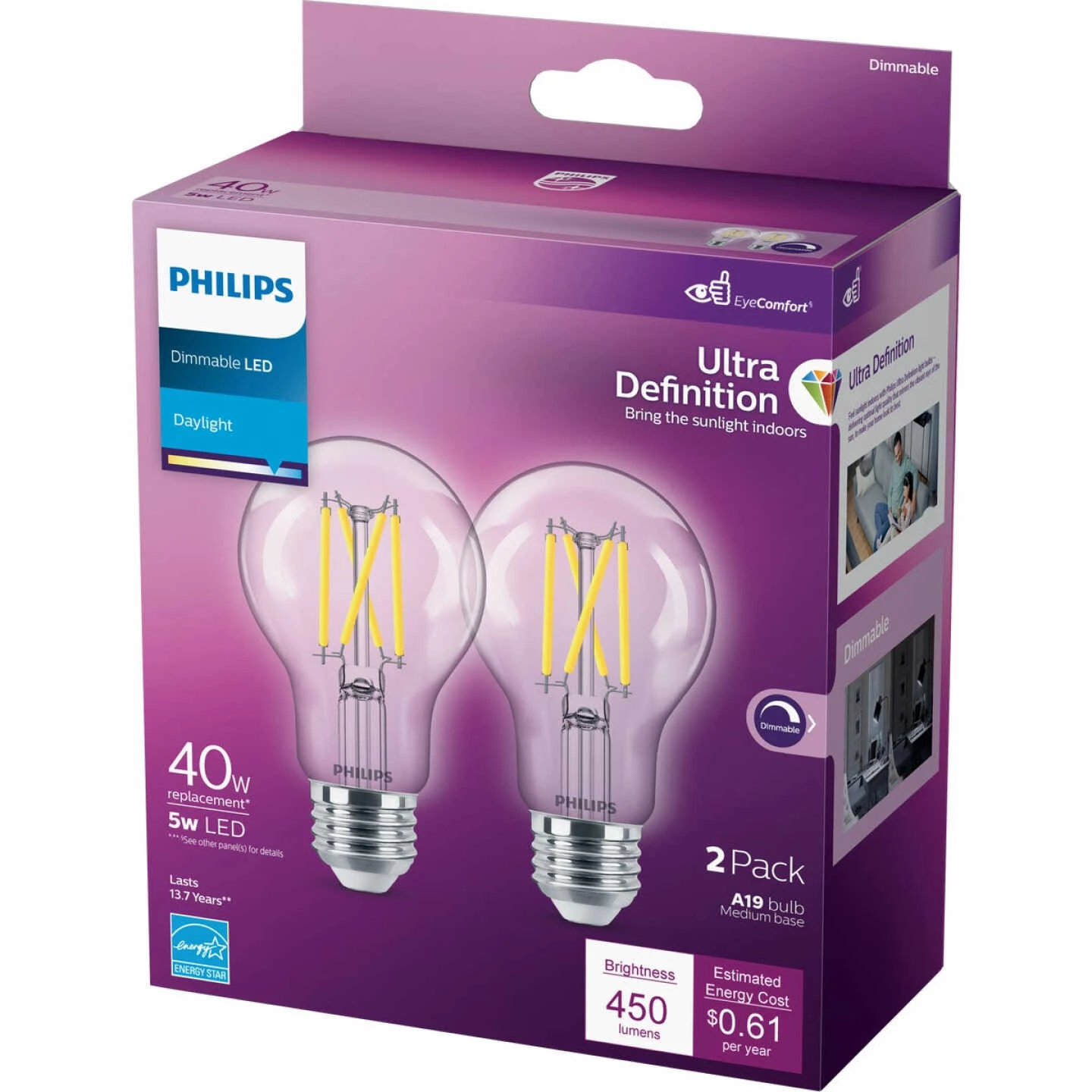 Philips Ultra Definition 40W Equivalent Daylight A19 Medium LED Light Bulb, Clear (2-Pack) 5 Philips Ultra Definition 40W Equivalent Daylight A19 Medium LED Light Bulb, Clear (2-Pack) - Image 3