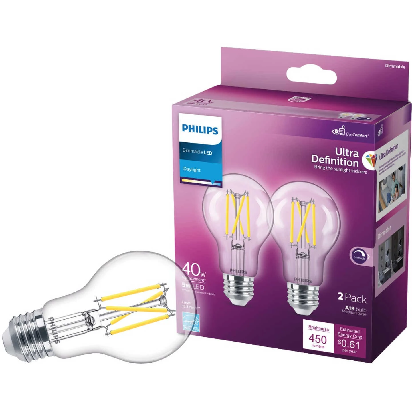 Philips Ultra Definition 40W Equivalent Daylight A19 Medium LED Light Bulb, Clear (2-Pack) 3 Philips Ultra Definition 40W Equivalent Daylight A19 Medium LED Light Bulb, Clear (2-Pack)