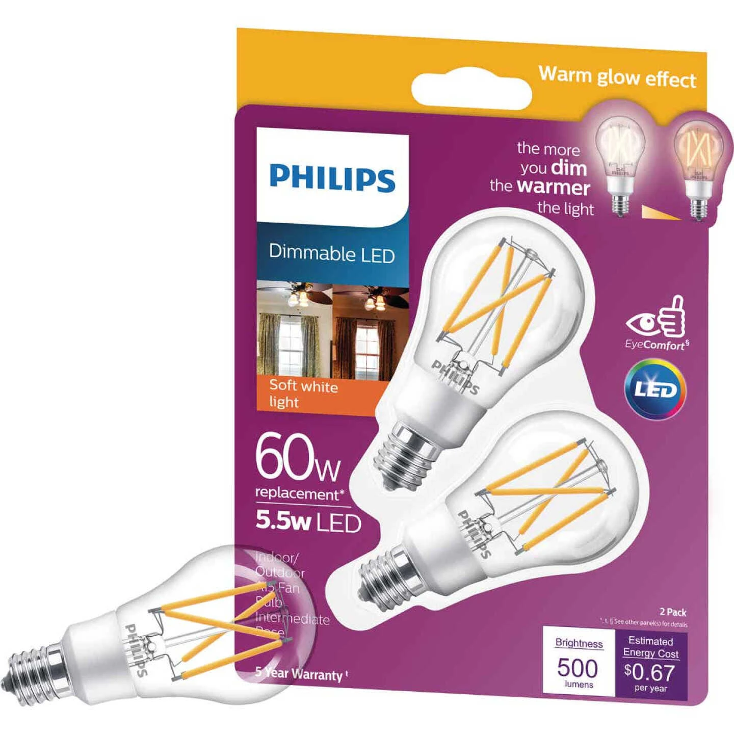 Philips Warm Glow 60W Equivalent Soft White A15 E17 Base Dimmable LED Light Bulb (2-Pack) 3 Philips Warm Glow 60W Equivalent Soft White A15 E17 Base Dimmable LED Light Bulb (2-Pack)
