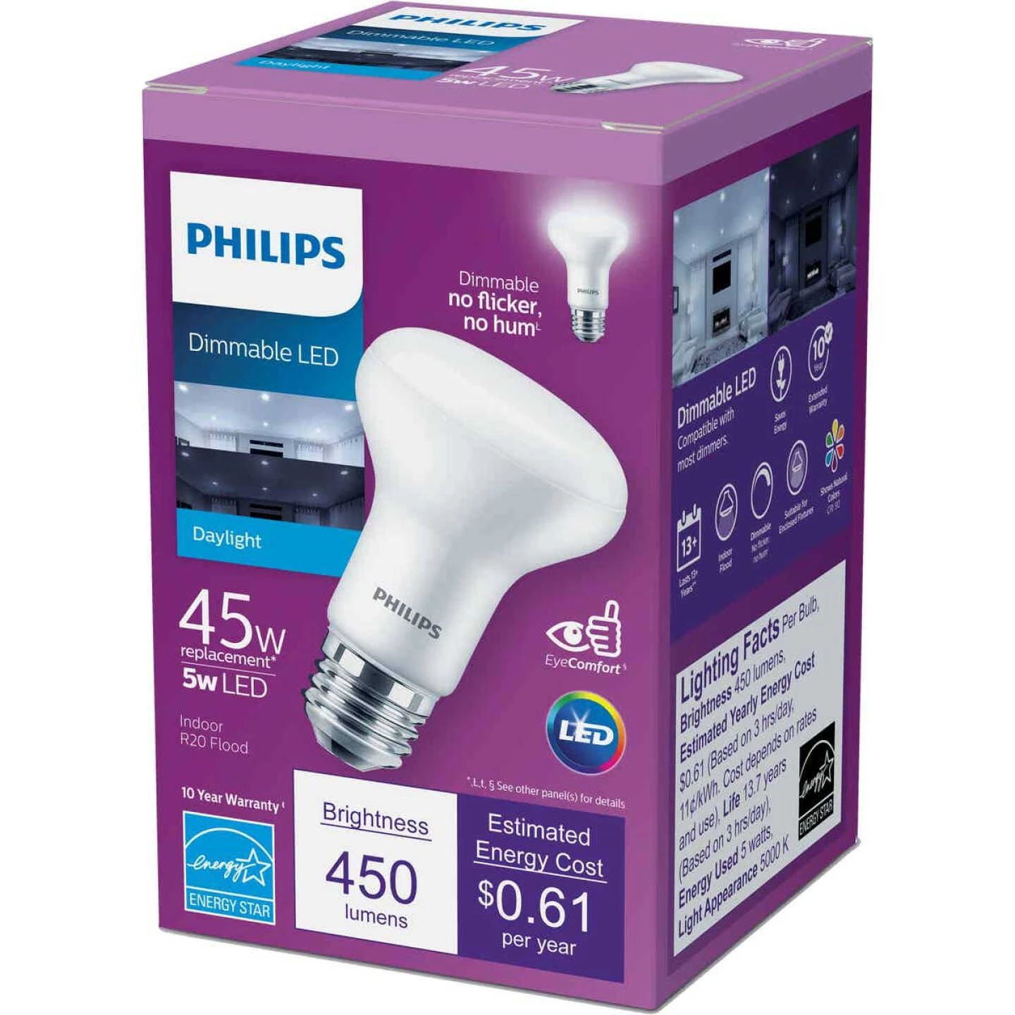Philips 45W Equivalent Daylight R20 Medium Dimmable LED Floodlight Light Bulb 3 Philips 45W Equivalent Daylight R20 Medium Dimmable LED Floodlight Light Bulb