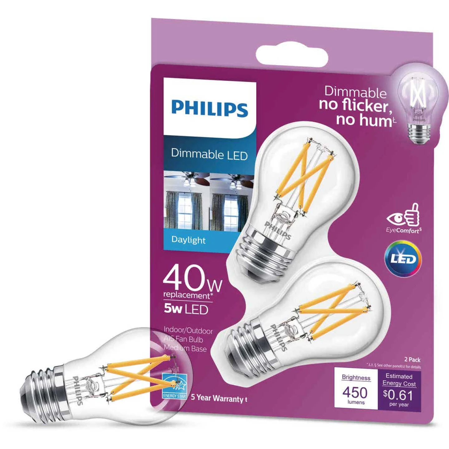 Philips 40W Equivalent Daylight A15 Medium Dimmable LED Light Bulb (2-Pack) 3 Philips 40W Equivalent Daylight A15 Medium Dimmable LED Light Bulb (2-Pack)