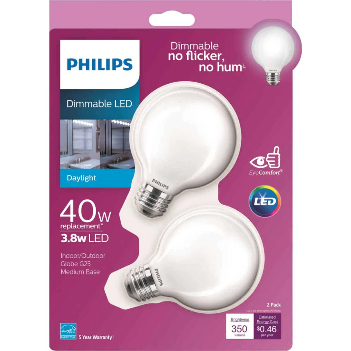 Philips 40W Equivalent Daylight G25 Medium Frosted LED Decorative Light Bulb (2-Pack) 3 Philips 40W Equivalent Daylight G25 Medium Frosted LED Decorative Light Bulb (2-Pack)