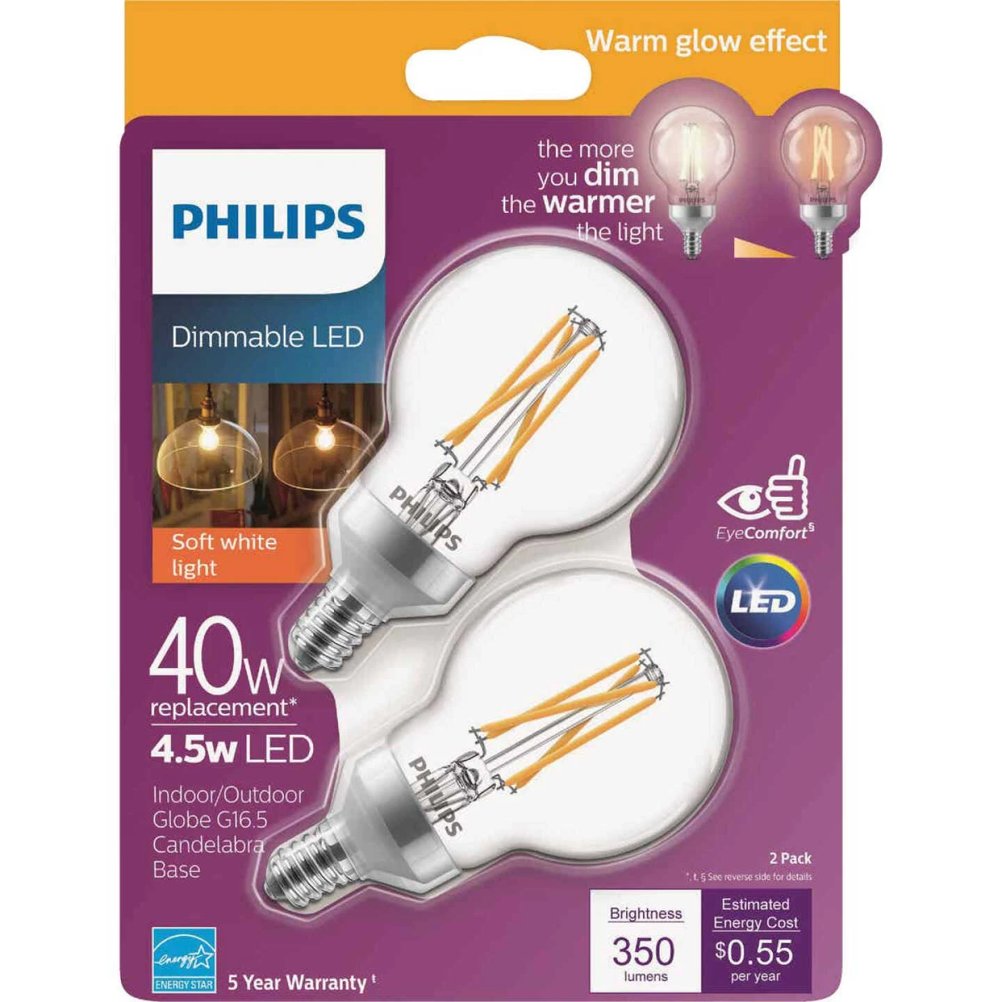 Philips Warm Glow 40W Equivalent Soft White G16.5 Candelabra Dimmable LED Decorative Light Bulb (2-Pack) 3 Philips Warm Glow 40W Equivalent Soft White G16.5 Candelabra Dimmable LED Decorative Light Bulb (2-Pack)